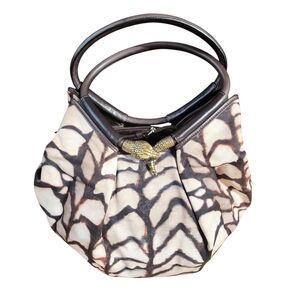 Jimmy Choo Black and Cream Patterned Canvas Leather Hobo Bag Brass Snake
